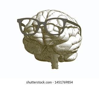 Monochrome vintage engraving human brain with retro old glasses illustration in front view isolated on white background