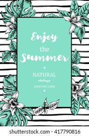 Monochrome Vintage Exotic Greeting Card with Tropical Leaves, Vector Floral Botanical illustration in mint colors on striped background