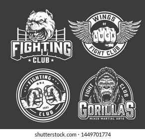 Monochrome vintage fighting logos with bumping and winged male fists boxing ring aggressive gorilla and dog heads isolated vector illustration