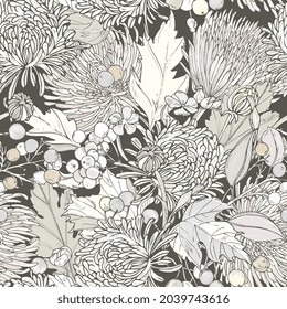 monochrome vintage floral seamless pattern. Autumn flowers of chrysanthemums, asters and berries. For fabric, packaging, wrapping