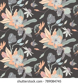 Monochrome Vintage Flower Vector Seamless Background