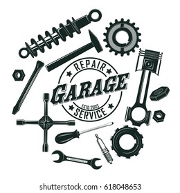 Monochrome vintage garage tools round concept with mechanic and repair equipment isolated vector illustration