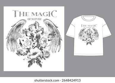 Monochrome vintage graphic featuring angel wings and detailed blooming flowers with the quote “The Magic of Nature.” Ideal for t-shirt designs, streetwear graphics, festival fashion, spiritual apparel