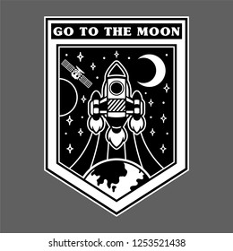 monochrome vintage graphic sticker patch pin print for clothes t shirt poster with very fast rocket which fly up from earth for open space stars moon mars. Cartoon illustration mascot logo design.