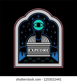 Monochrome vintage graphic sticker patch pin print for clothes t shirt poster with observatory on mountain with big telescope for observer of space stars cosmic topic. Cartoon illustration logo design