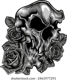 monochrome Vintage human skull tattoo concept with rose flowers isolated vector illustration