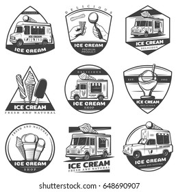 Monochrome vintage ice cream labels set with inscriptions sweet products delivery trucks and vans isolated vector illustration