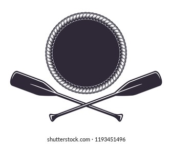 Monochrome vintage icon, crossed wooden paddles and sea rope. Simple shape for design logo, emblem, symbol, sign, badge, label, stamp. Hand drawn vector illustration, isolated on white background.