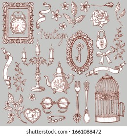 Monochrome vintage items elements on a gray background to create seamless patterns, fabrics, packaging, cards. Vector illustration.