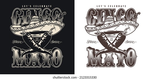 Monochrome Vintage-Etikette mit gekreuzten Chilischoten und Sombrero mit Dreiecksverzierungen, Cinco de Mayo-Inschrift, Vektorgrafik