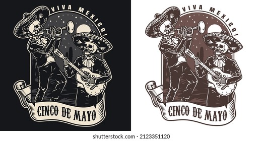 Etiqueta de cosecha monocroma con músicos esqueletos mexicanos con sombreros y conjuntos de charro con trompeta y guitarra, ilustración vectorial