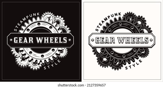 Einfarbiges Vintage-Label mit weißen, schwarzen Getriebe und horizontalem Textraum. Rundemblem im Steampunkstil. Gut für handwerkliches Design.