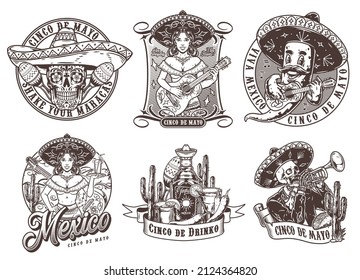 Monochrome vintage labels set with Mexican woman in sombrero playing guitar, tequila bottle, shot, margarita glass, cactuses, skeleton musician with trumpet, waitress holding cocktail, chili pepper