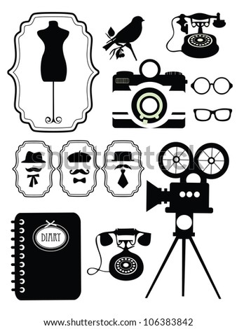 monochrome vintage objects collection. vector illustration