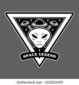 Monochrome vintage patch icon sticker pin with alien invaders Martian and big planet and UFO space legend. clothes print t shirt sweatshirt poster mascot logo illustration cartoon character design.