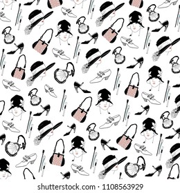 Monochrome vintage pattern of women's accessories. Girls, hats, shoes, handbags in the 1920s style. Beautiful design for fabric, curtains, tablecloths, Wallpaper. Vector flat style illustration