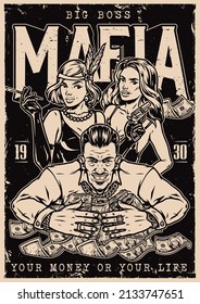 Monochrome Vintage Poster With Greedy Mafia Boss Hugging Heap Of Money, Sexy Casino Women Behind Him, Vector Illustration