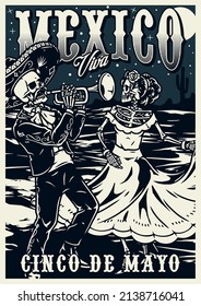 Monochrome vintage poster with Mexican dead dancer in dress and skeleton trumpeter in charro outfit in dark desert, vector illustration