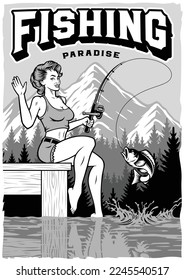 Monochrome vintage poster with a pin up girl on a fishing trip