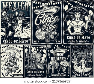 Monochrome vintage posters collection with inscription, skeleton trumpeter and dancer, waitress in sombrero holding tray with cocktail glass, mustached chili pepper playing guitar, mexican food and