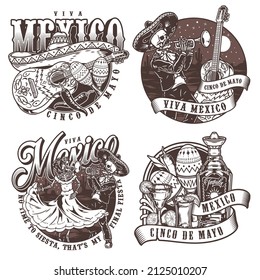 Monochrome vintage round badges set with sombrero hat, painted guitar, chili peppers, pair of maracas, tequila bottle, skeleton woman dancing to music of trumpeter, vector illustration