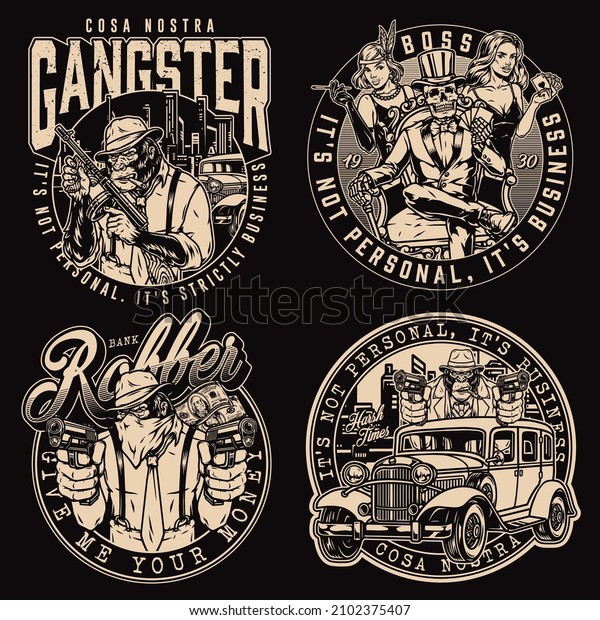 Monochrome vintage round badges set\
with gorilla mafia with firearms in city, skeleton boss in top hat\
sitting in armchair against casino girls, vector\
illustration