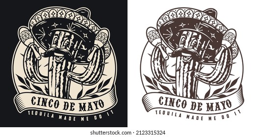 Monochrome vintage round emblem with mustachioed cactus in sombrero hat holding maracas and ribbon with inscription, vector illustration