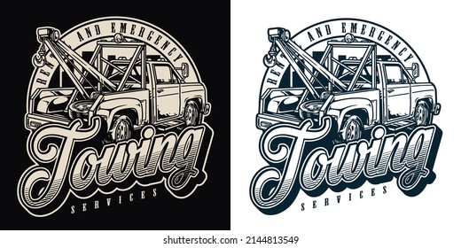 Monochrome vintage round emblem with tow pickup truck with hook and tire in snclosed cabin against cityscape silhoutte, vector illustration