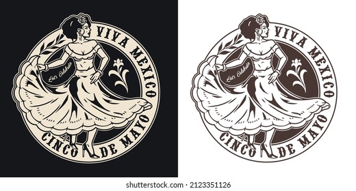 Monochrome Vintage Round Label With Flower, Dancing Mexican Woman In Dress And Heeled Shoes, Vector Illustration