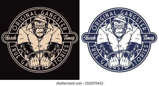 Monochrome vintage round-shaped badge with angry gorilla inmate in prison jumpsuit and handcuffs, vector illustration