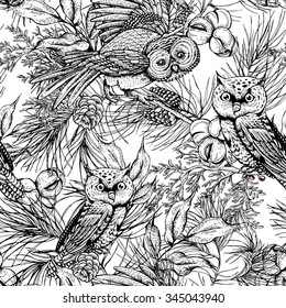 Monochrome vintage seamless background with owls, spruce branches and fir cones, vector illustration