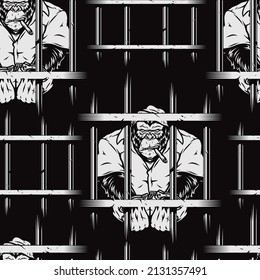 Monochrome vintage seamless pattern with angry handcuffed gorilla criminal in cap and prison jumpsuit smoking cigar in jail, vector illustration