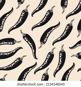 Monochrome vintage seamless pattern with capsicum chili pepper used for mexican dishes, vector illustration