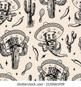 Monochrome vintage seamless pattern with cheerful prickly cactus with mustache shaking maracas, jollu chili pepper in sombrero playing guitar, vector illustration