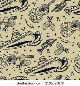 Monochrome vintage seamless pattern with classical sombrero, chili pepper, handmade maracas, trumpet, painted guitar and musical symbols, vector illustration
