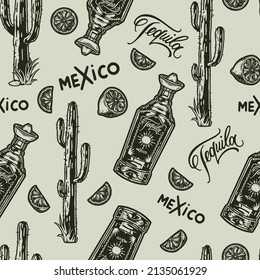 Monochrome vintage seamless pattern with closed tequila bottle with sombrero cork, spiny cactus with grass around trunk, lime slices and inscriptions, vector illustration