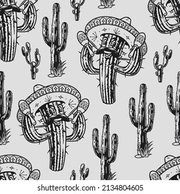 Monochrome vintage seamless pattern with funny cartoon cactus with thorns shaking maracas, tall desert cactuses, vector illustration