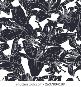 Monochrome vintage seamless pattern with hand drawn lily flowers black silhouette on white background. Boho floral repeat wallpaper. Vector illustration