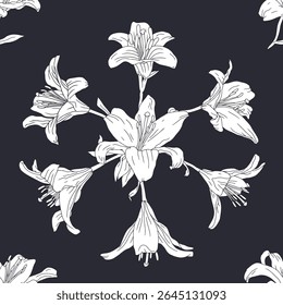 Patrón sin fisuras vintage monocromo con flores de lirio dibujadas a mano silueta blanca sobre fondo negro. Boho floral repetir Fondo de pantalla. Ilustración vectorial