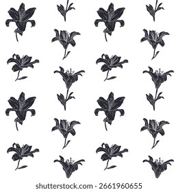 Monochrome vintage nahtloses Muster mit handgezeichneten Lilienblumen schwarze Silhouette auf weißem Hintergrund. Boho Blumenmuster Tapete wiederholen. Vektorgrafik