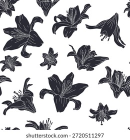 Patrón sin fisuras vintage monocromo con flores de lirio dibujadas a mano silueta negra sobre fondo blanco. Boho floral repetir Fondo de pantalla. Ilustración vectorial
