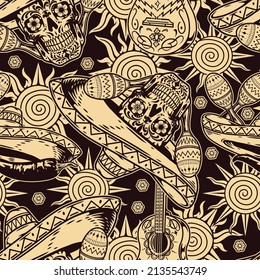 Monochrome vintage seamless pattern with horrible Calavera skull in classical sombrero between maracas, sun with twisted circle and guitar with painted design, vector illustration