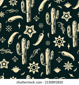 Monochrome vintage seamless pattern with Mexican ornaments, tall cactus with stems, hot chili pepper, swirl elements and simple flowers, vector illustration