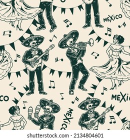 Monochrome vintage seamless pattern with skeleton mariachi musicians in sombreros playing musical instruments, dancing woman on background with flag garlands, vector illustration