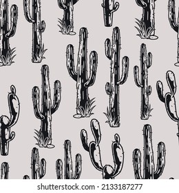 Monochrome vintage seamless pattern with spiny tall cactus with grass around trunk, vector illustration