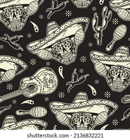 Monochrome vintage seamless pattern with spooky sugar skull with flowers instead of eyes wearing sombrero, maracas, painted guitar and hot chili pepper on dark background, vector illustration