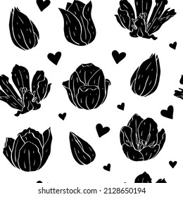 Monochrome vintage seamless pattern with tulips flowers black silhouettes on white background