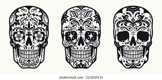 Monochrome vintage set of sugar skulls with swirl and curl painted elements, vector illustration