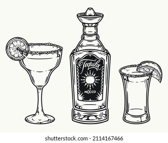 Monochrome vintage set of tequila bottle with cork in shape of sombrero, margarita cocktail and tequila shot, vector illustration