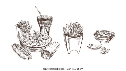 Monochrome vintage sketch of classic fast food meal with fries, soda, pizza, hotdog, wrap and sauce. Hand drawn vector set for menus, packaging, cafe signs and chalkboard designs.